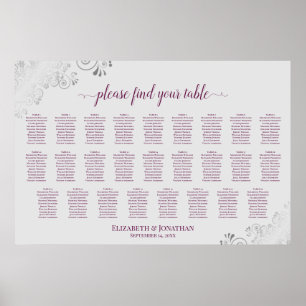 26 Table Wedding Seating Chart Magenta Plum & Grey