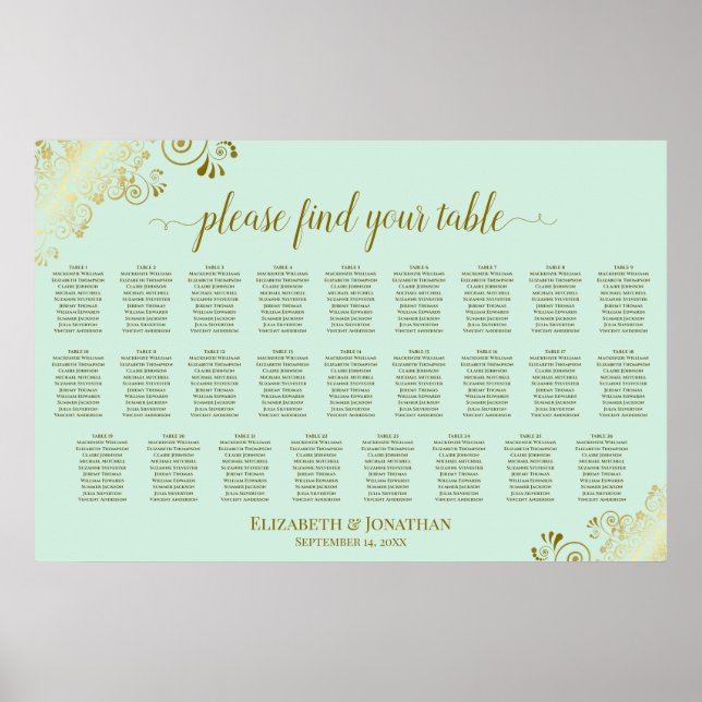 26 Table Wedding Seating Chart Mint Green & Gold (Front)
