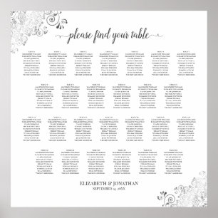 26 Table Wedding Seating Chart Silver Frills White