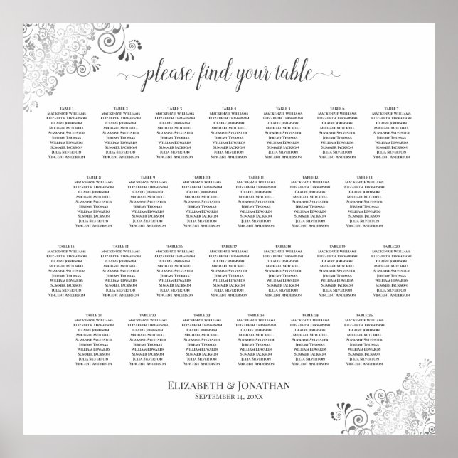 26 Table Wedding Seating Chart Silver Frills White (Front)