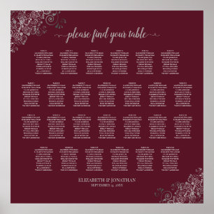 26 Table Wedding Seating Chart Silver on Burgundy