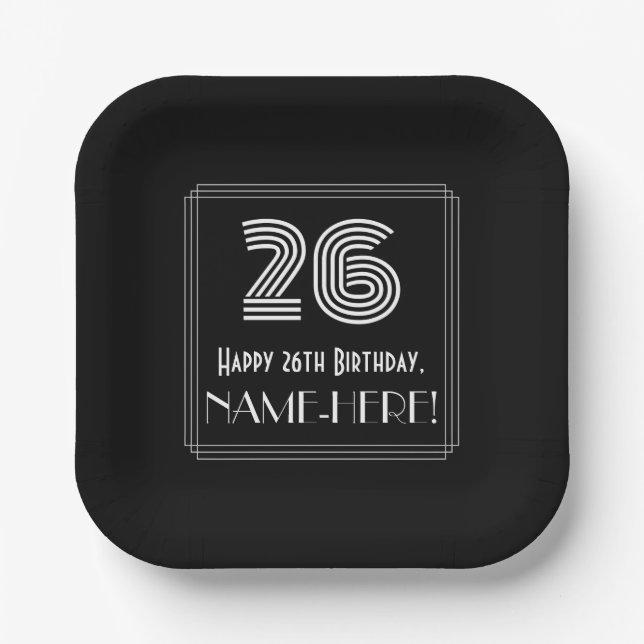26th Birthday — Art Deco Inspired Look “26” + Name Paper Plate (Front)