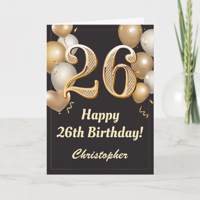 26th Birthday Black and Gold Balloons Confetti Card (Front)