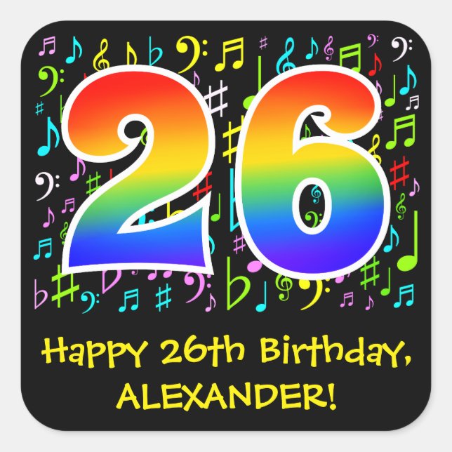 26th Birthday: Colourful Music Symbols, Rainbow 26 Square Sticker (Front)