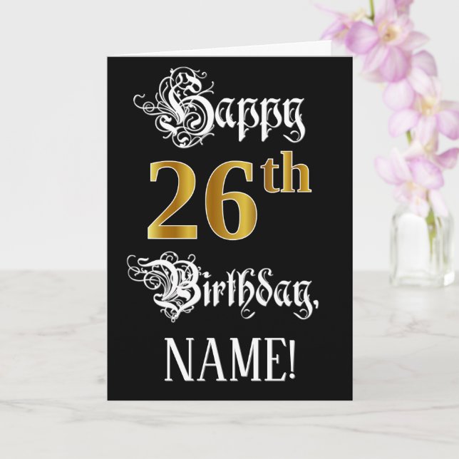 26th Birthday — Fancy Script; Faux Gold Look; Name Card (Orchid)