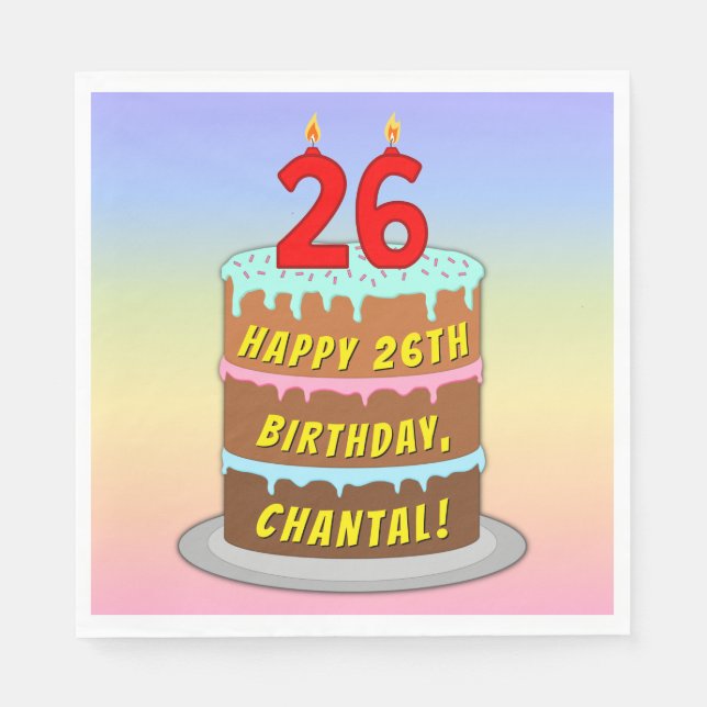 26th Birthday: Fun Cake and Candles + Custom Name Napkin (Front)