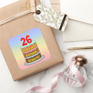 26th Birthday: Fun Cake and Candles + Custom Name Square Sticker