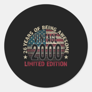 26th Birthday Gift Men Vintage Born 2000 Turning 2 Classic Round Sticker