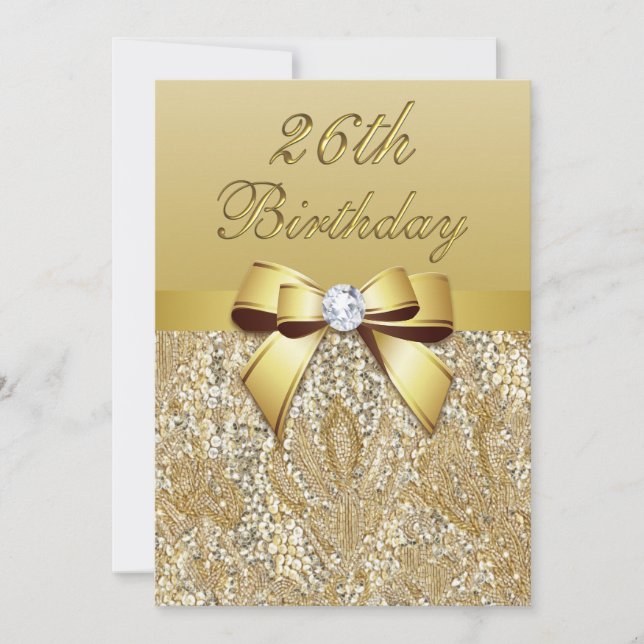 26th Birthday Gold Faux Sequins and Bow Invitation (Front)