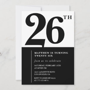 26th birthday invitations Black and White Elegant
