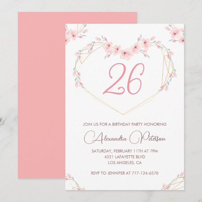 26th birthday invitations Boho Floral Pink (Front/Back)
