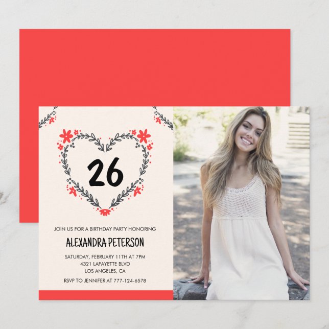 26th birthday invitations for her Floral Heart (Front/Back)