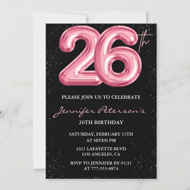 26th birthday invitations Pink Balloon Glam Black (Front)