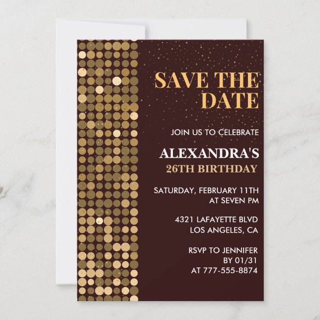 26th birthday invitations Save the date Gold (Front)