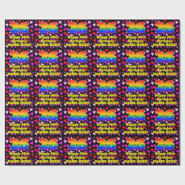 26th Birthday: Loving Hearts Pattern, Rainbow # 26 Wrapping Paper (Flat)