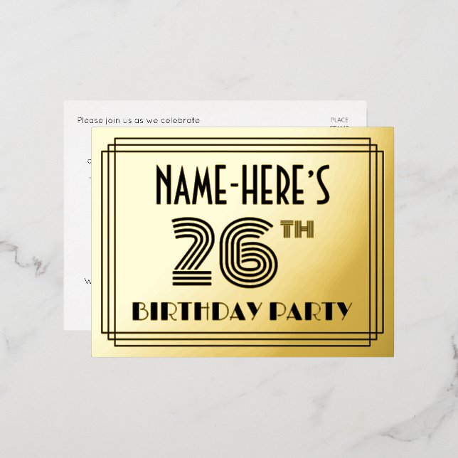 26th Birthday Party ~ Art Deco Style “26” + Name Foil Invitation Postcard (Front/Back)