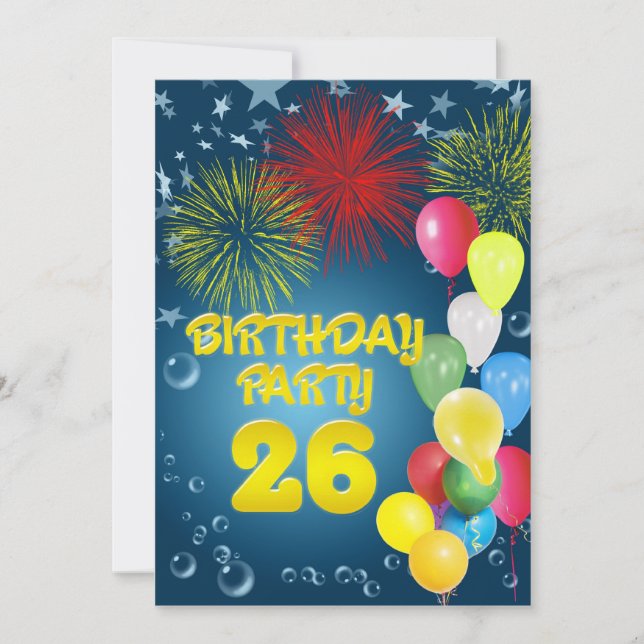 26th Birthday party Invitation with balloons (Front)