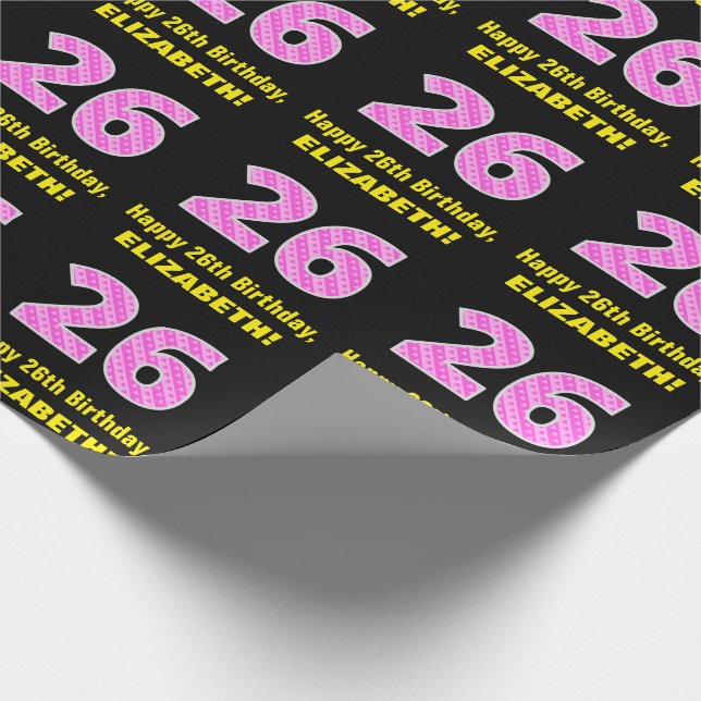 26th Birthday: Pink Stripes and Hearts "26" + Name Wrapping Paper (Corner)