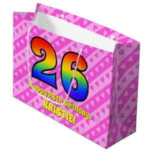 26th Birthday: Pink Stripes & Hearts, Rainbow # 26 Large Gift Bag