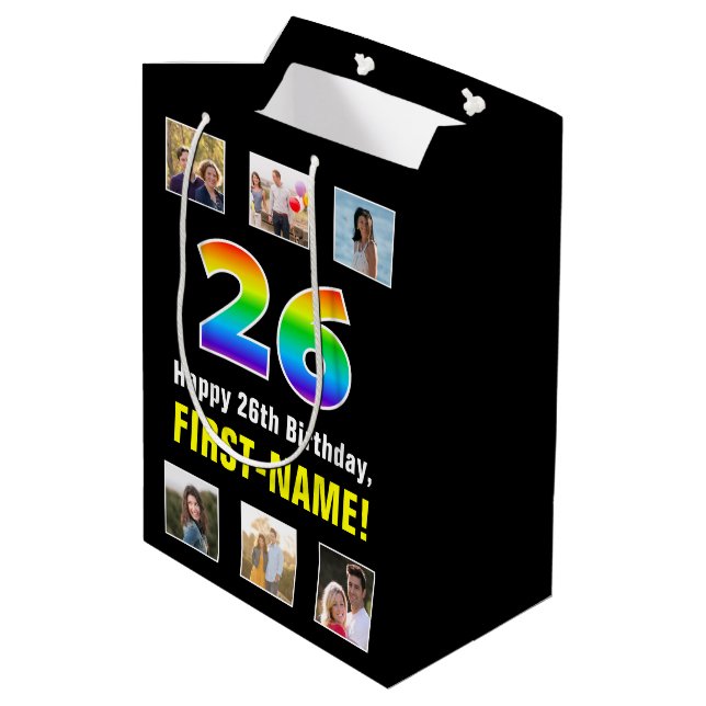 26th Birthday: Rainbow “26“, Custom Photos & Name Medium Gift Bag (Back Angled)