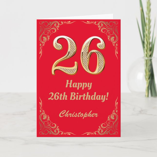 26th Birthday Red and Gold Glitter Frame Card (Front)