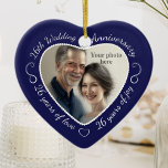 26th Wedding Anniversary Photo Ceramic Ornament<br><div class="desc">Celebrate a 26th happy year of marriage with a custom photo ornament in a delightful heart shape frame. Simply upload your own photo of the married couple and it will appear in the cutout. The indigo blue surround features a white script font and decorations. The words are: 26th Wedding Anniversary...</div>