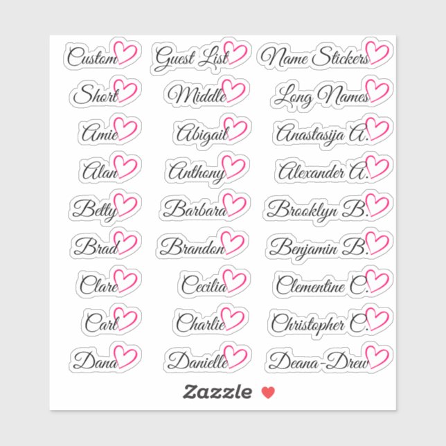 27 Custom Guest List Names Bright Pink Heart   (Sheet)