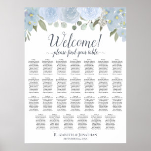 27 Table Dusty Blue Roses Wedding Seating Chart
