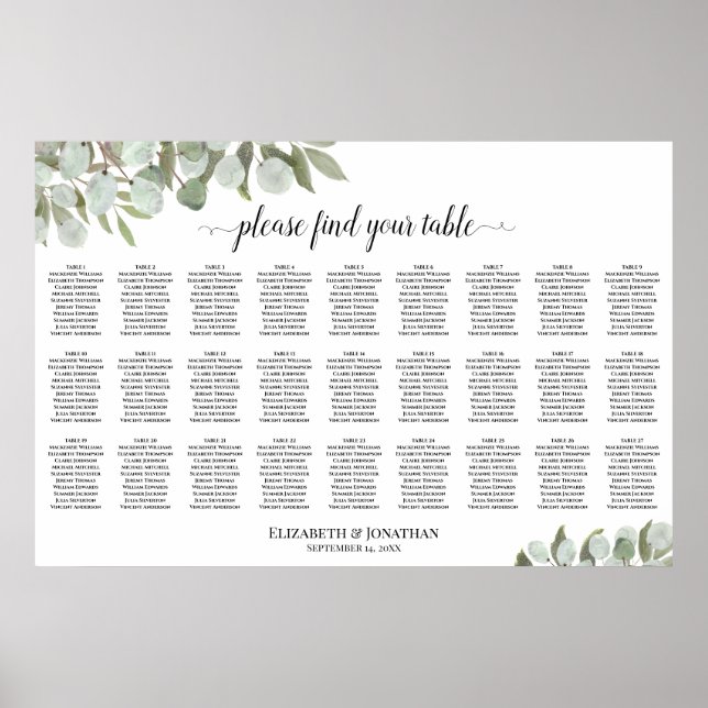 27 Table Eucalyptus Leaves Wedding Seating Chart (Front)