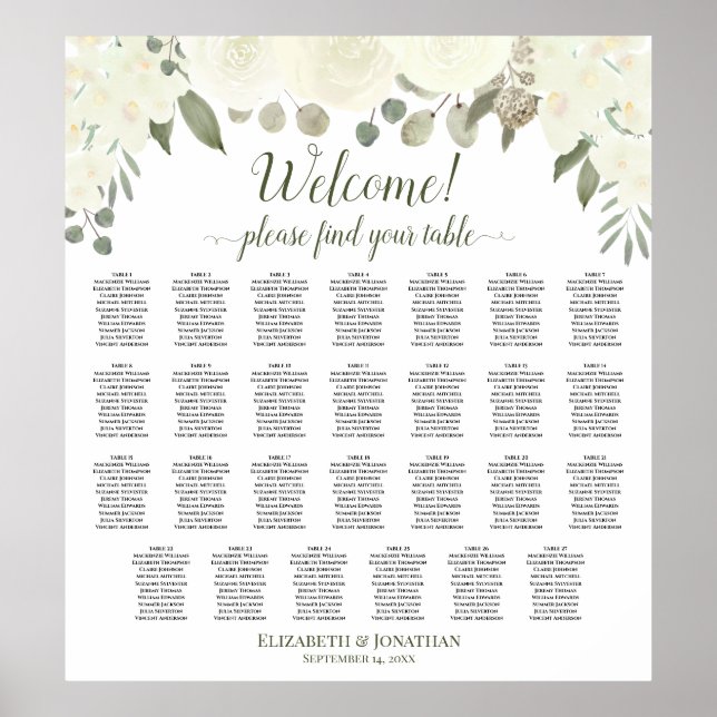 27 Table Ivory White Roses Wedding Seating Chart (Front)
