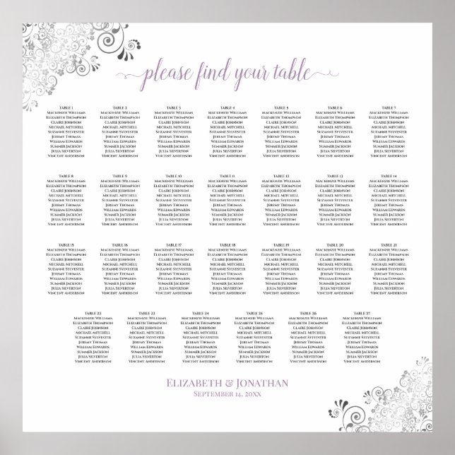 27 Table Lacy Wedding Seating Chart White Lavender (Front)