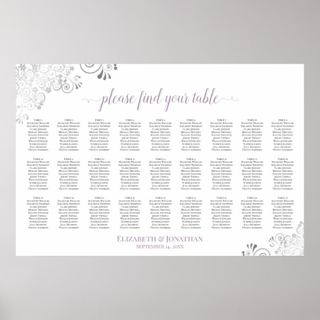 27 Table Lacy Wedding Seating Chart White Lavender (Front)