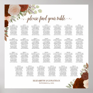 27 Table Rust Orange Roses Wedding Seating Chart