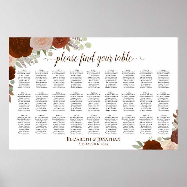 27 Table Rust Orange Roses Wedding Seating Chart (Front)