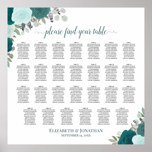 27 Table Teal Roses Elegant Wedding Seating Chart (Front)