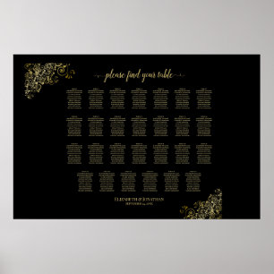27 Table Wedding Seating Chart Black & Gold Frills
