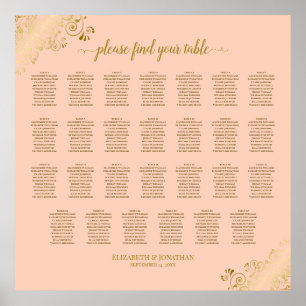 27 Table Wedding Seating Chart Coral Peach & Gold