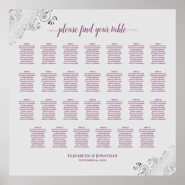 27 Table Wedding Seating Chart Magenta Plum & Grey (Front)