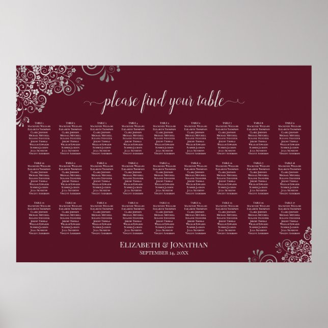 27 Table Wedding Seating Chart Silver on Burgundy (Front)