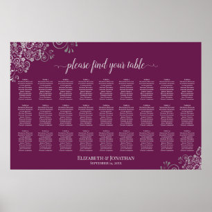 27 Table Wedding Seating Chart Silver on Magenta
