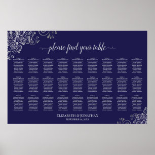 27 Table Wedding Seating Chart Silver on Navy Blue