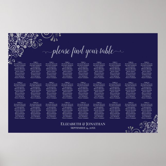 27 Table Wedding Seating Chart Silver on Navy Blue (Front)