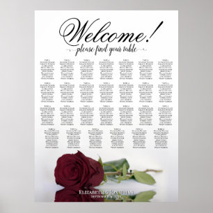 27 Table Wedding Seating Chart with Burgundy Rose
