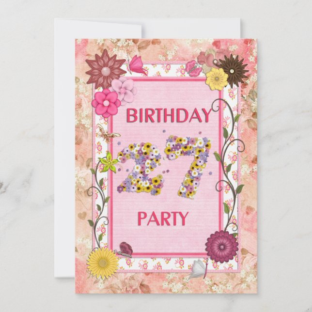 27e anniversaire invitation fête avec cadre fleuri (Devant)