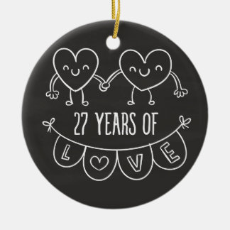 27th Anniversary Gift Chalk Hearts Ceramic Ornament