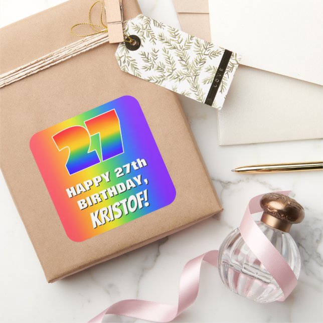 27th Birthday: Colorful, Fun Rainbow Pattern # 27 Square Sticker (Gifting)