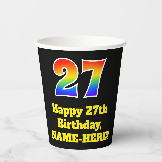 27th Birthday: Colourful, Fun, Exciting, Rainbow 2 Paper Cups (Front)