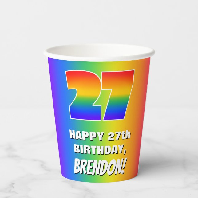 27th Birthday: Colourful, Fun Rainbow Pattern # 27 Paper Cups (Back)