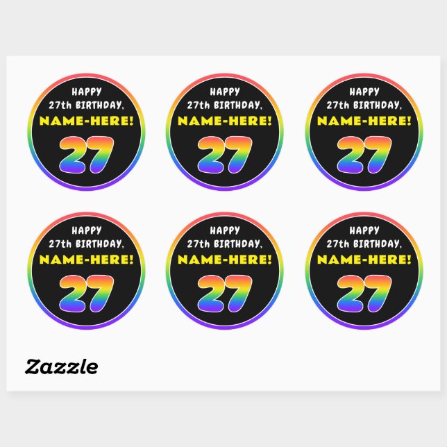 27th Birthday: Colourful Rainbow # 27, Custom Name Classic Round Sticker (Sheet)