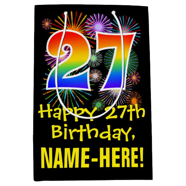 27th Birthday: Fun Fireworks Pattern + Rainbow 27 Medium Gift Bag (Front)